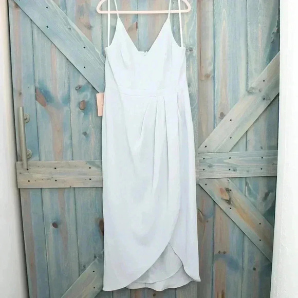 BHLDN Lyra V-Neck Faux-Wrap Crepe Midi Dress Blue Size 16 Anthropologie NWT - Picture 3 of 13